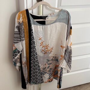 CITRON 100% silk kimono-style shirt featuring Waves and Cranes size Medium